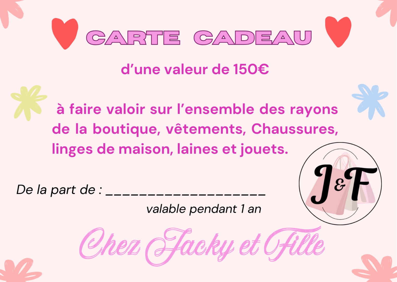 Carte cadeau d'une valeur de 50 Eur de Chez Jacky et Fille à Salles-Curan