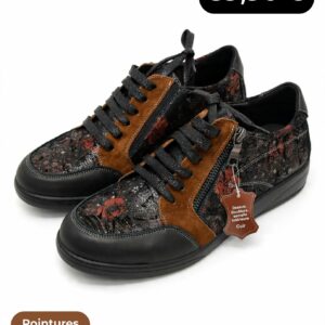 AH 2026 – Basket Femme Cuir Floral Noir Cognac – Infinie – Confort & Zip