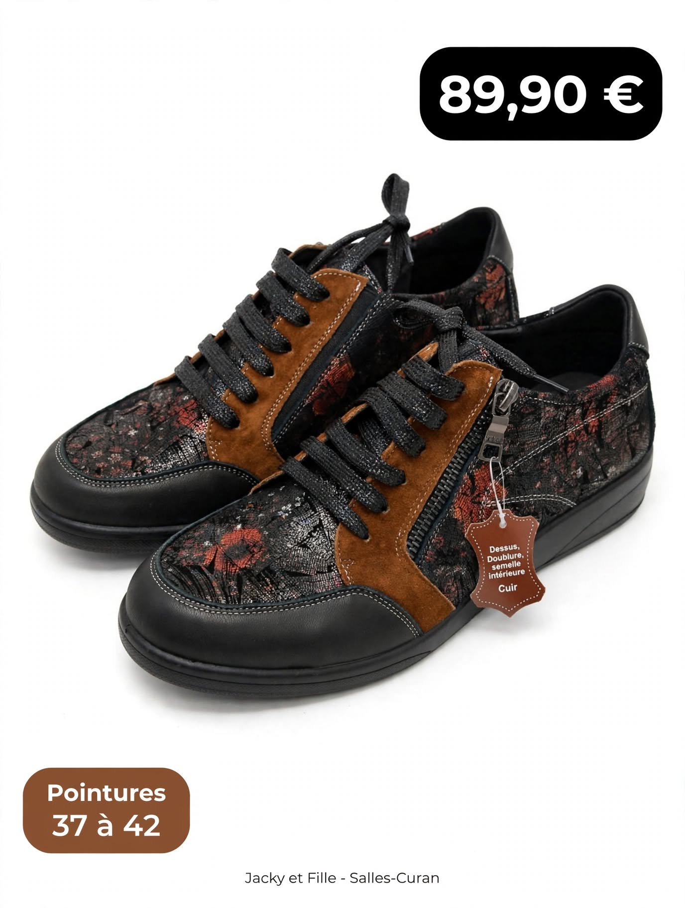 Basket Femme Cuir Floral Noir Cognac - Infinie - Confort & Zip