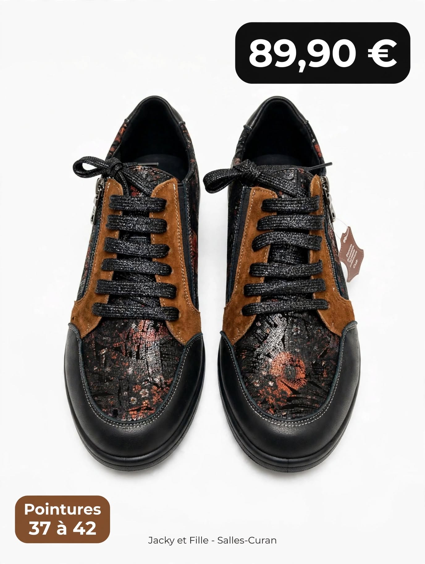 Basket Femme Cuir Floral Noir Cognac - Infinie - Confort & Zip